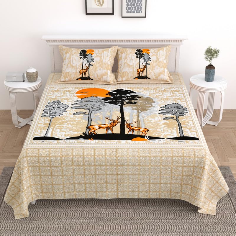 KOTTS & STITCH Jaipuri Cotton Bedsheet for Double Bed King Size with 2 Pillow Covers | 210 TC |93x108 in| Printed Bedsheets King Size-Beige Bed Sheet- Deer Park - Image 1