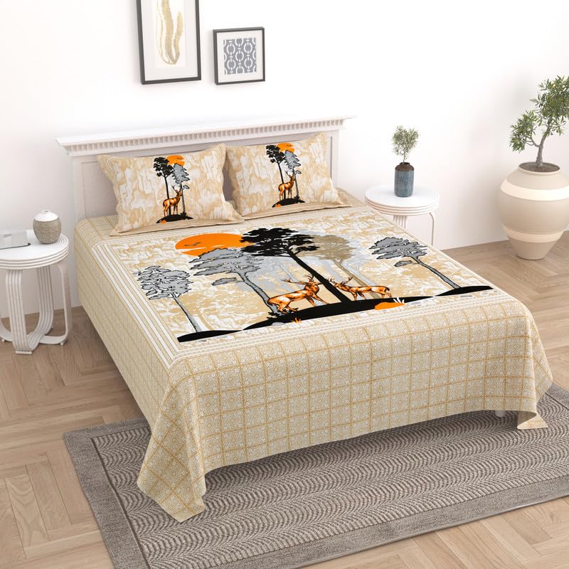 KOTTS & STITCH Jaipuri Cotton Bedsheet for Double Bed King Size with 2 Pillow Covers | 210 TC |93x108 in| Printed Bedsheets King Size-Beige Bed Sheet- Deer Park - Image 2