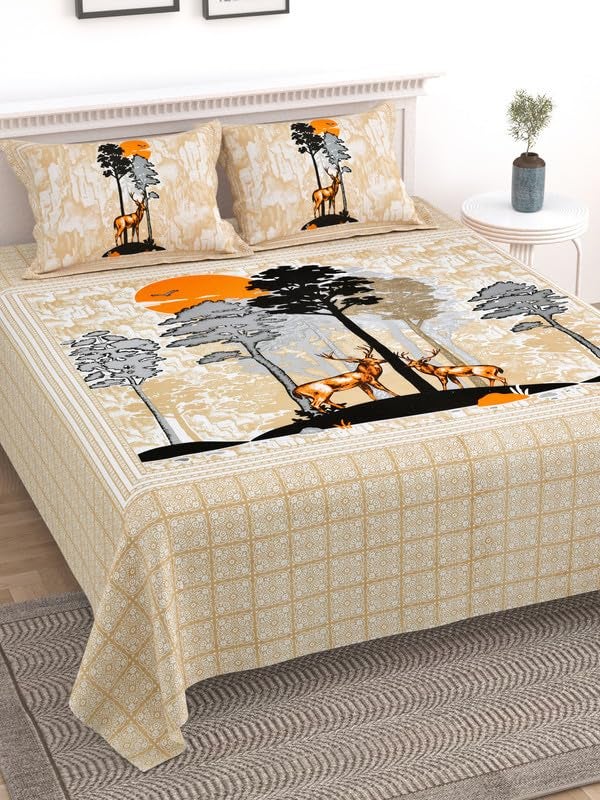 KOTTS & STITCH Jaipuri Cotton Bedsheet for Double Bed King Size with 2 Pillow Covers | 210 TC |93x108 in| Printed Bedsheets King Size-Beige Bed Sheet- Deer Park - Image 3
