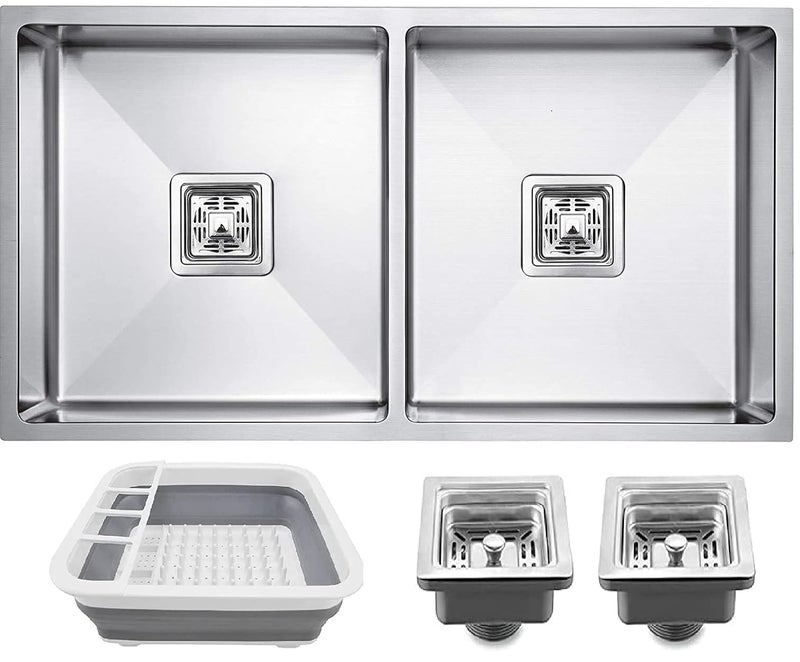 EVANEX 45 x 20 x 10 HANDMADE MATT FINISH DOUBLE BOWL 304 GRADE STAINLESS STEEL KITCHEN SINK With Silicon Basket - Image 1