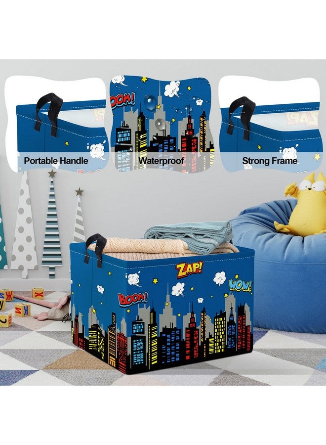 Clastyle 36L Large City Skyline Blue Book Shelf Basket Hero Comic Zap Wow Boom Gift Basket for Kids Room Nursery Rectangle Building Silhouettes Toy Clothes Storage Bin - Image 4