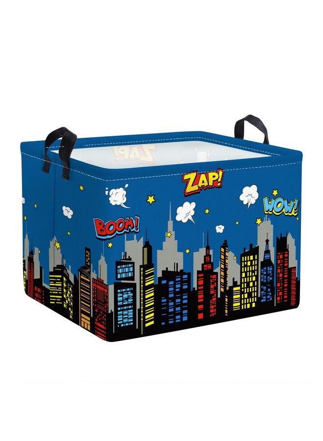 Clastyle 36L Large City Skyline Blue Book Shelf Basket Hero Comic Zap Wow Boom Gift Basket for Kids Room Nursery Rectangle Building Silhouettes Toy Clothes Storage Bin - Image 1