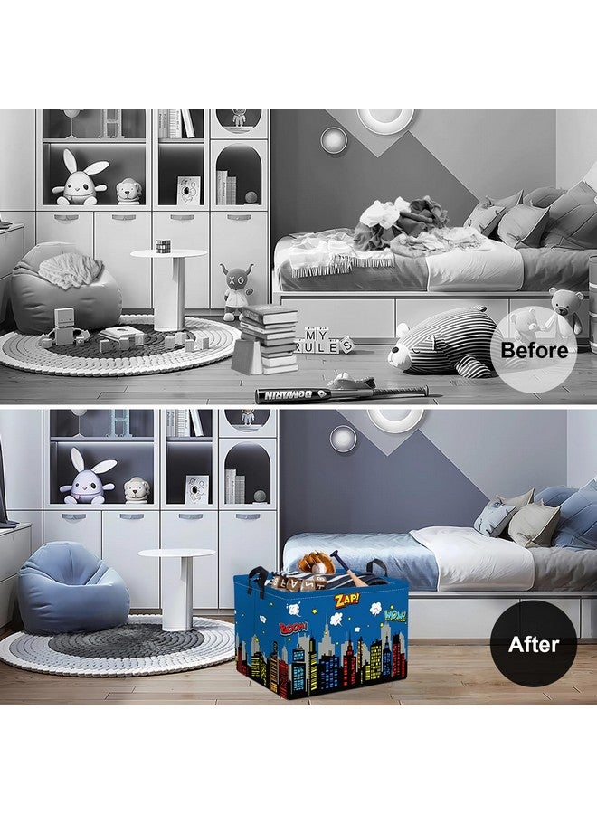 Clastyle 36L Large City Skyline Blue Book Shelf Basket Hero Comic Zap Wow Boom Gift Basket for Kids Room Nursery Rectangle Building Silhouettes Toy Clothes Storage Bin - Image 2