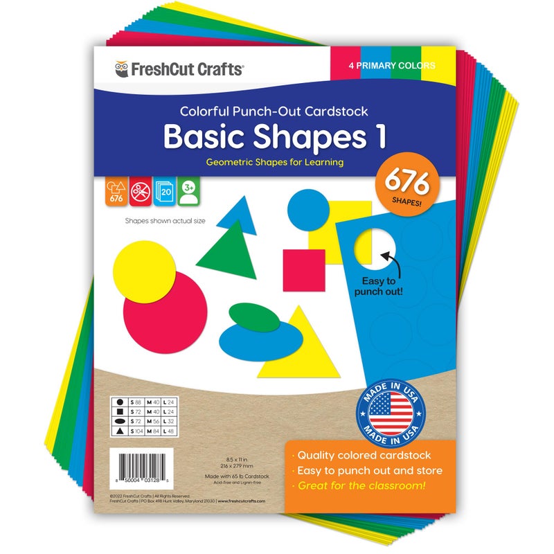FreshCut Crafts Basic Shapes 1: Circles, Triangles, Squares, Ovals, 676 Pieces US Made Card Stock Punch Out Geometric Shapes in 3 Sizes and 4 PRIMARY Colors for Math, Pattern Play and DIY Crafting - Image 1