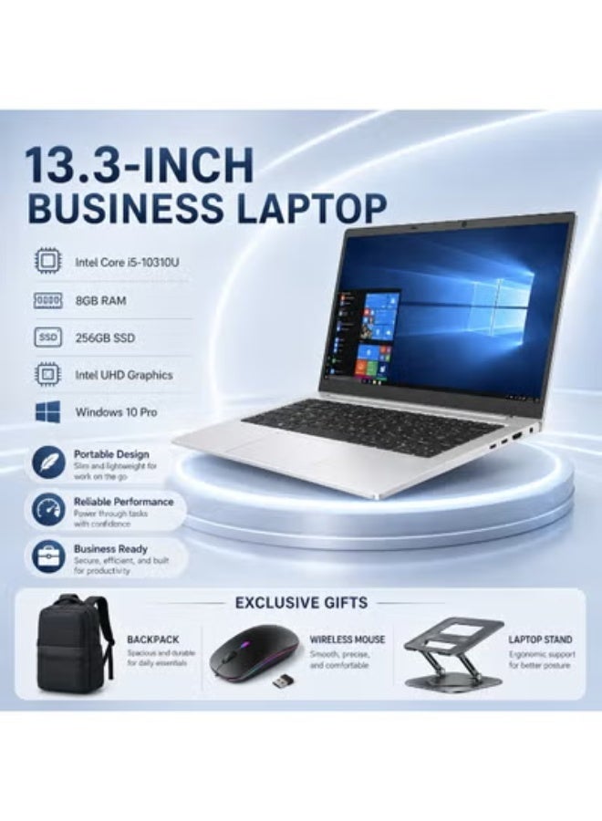 Business Laptop 13.3" FHD Display, Intel Core i5-10310U, 8GB RAM, 256GB SSD, Includes Backpack, Wireless Mouse, and Laptop Stand - Image 1