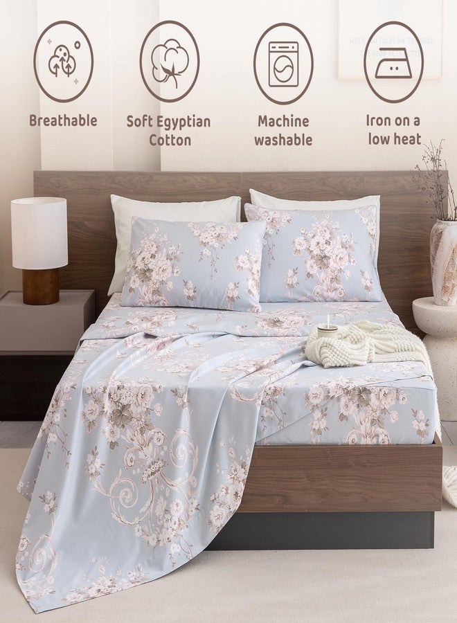 QSH Floral King Size Sheet Sets - 100% Egyptian Cotton Floral Bedding Sheets Blue Vintage Paisley Flower Pattern Printed Bedding King Size Bed Sheets 17.5" Extra Deep Pocket 4pcs - Image 3