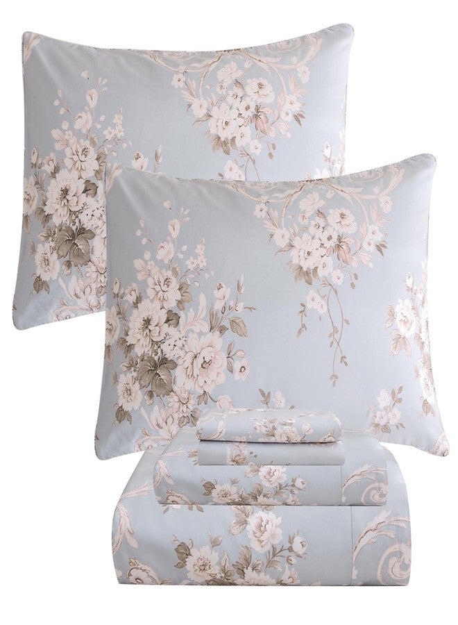 QSH Floral King Size Sheet Sets - 100% Egyptian Cotton Floral Bedding Sheets Blue Vintage Paisley Flower Pattern Printed Bedding King Size Bed Sheets 17.5" Extra Deep Pocket 4pcs - Image 1