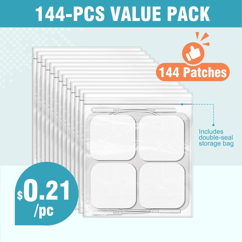OAKDOLCHE 144-Count TENS Unit Pads (2"x2"), Reusable Self-Adhesive Electrodes Pads with 0.2mm Connector, Latex-Free, Hypoallergenic & Compatible with TENS/EMS - Image 2