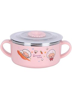 304 Stainless Steel Toddler Bowl, Double Layer Heat Insulation Cartoon Bowl with Lid and Handles Feeding Tableware Dishes Bowl()