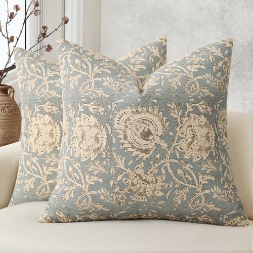 DKwizme Vintage Floral Print Throw Pillow Covers 24x24 Set of 2 Neutral Modern Farmhouse Pillowcases Accent Decorative Cushion Covers Boho Home Decor for Couch Sofa Chair Bed Living Room Sky Blue - Image 1