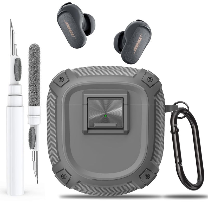 Olytop غطاء Olytop لسماعات Bose QuietComfort Earbuds II (2022) / Ultra (2023) مع مشبك قفل ومجموعة تنظيف قلم، جلد صلب مقاوم للصدمات مع كارابينر للرجال والنساء لسماعات Bose QC 2 - رمادي - Image 1