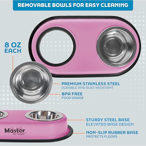 Master Pet Supply Double Dog Bowls Set with Elevated Base and 2 (8 oz) Stainless Steel Removable Dishes (Hyper Pink) – Double Cat Food Water Bowl, Dog Puppy Food Bowl Set, Rust Resistant - Image 3