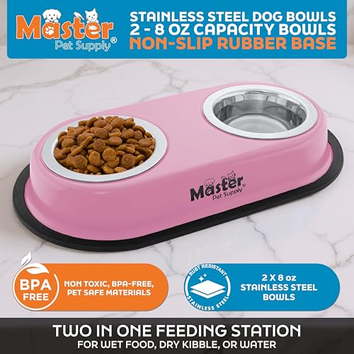 Master Pet Supply Double Dog Bowls Set with Elevated Base and 2 (8 oz) Stainless Steel Removable Dishes (Hyper Pink) – Double Cat Food Water Bowl, Dog Puppy Food Bowl Set, Rust Resistant - Image 2