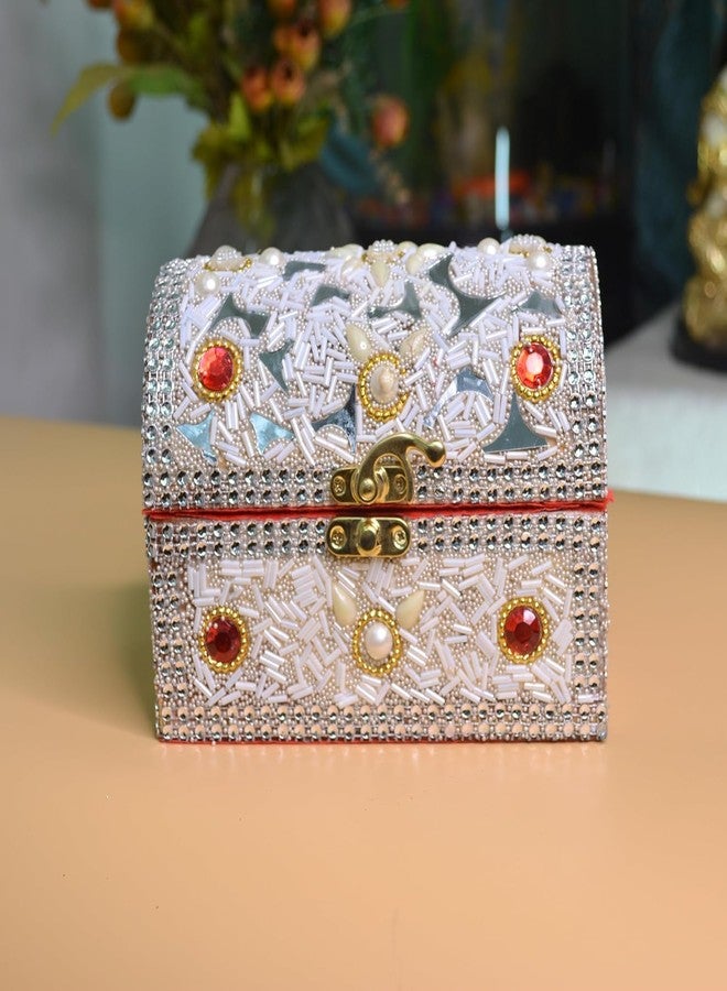 santarms Beads Work Jewellery Craft Box (White) | 10 cm Handmade Wooden Jewelry Box with Lock | Shringar Box for Brides | Wedding Gift for Married Women - Image 2