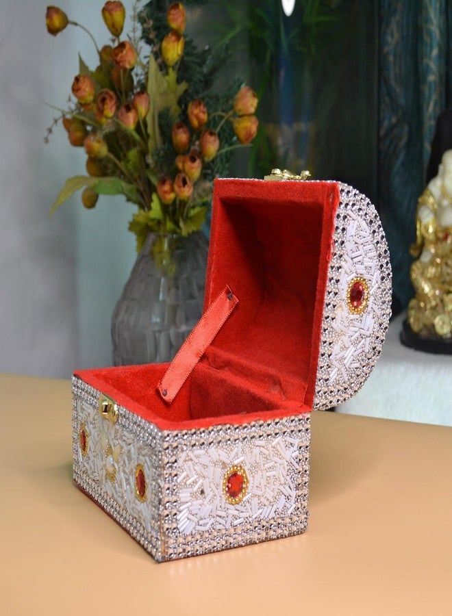 santarms Beads Work Jewellery Craft Box (White) | 10 cm Handmade Wooden Jewelry Box with Lock | Shringar Box for Brides | Wedding Gift for Married Women - Image 3