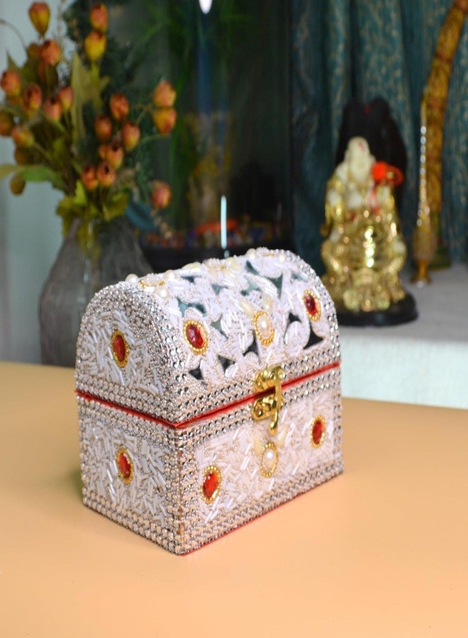 santarms Beads Work Jewellery Craft Box (White) | 10 cm Handmade Wooden Jewelry Box with Lock | Shringar Box for Brides | Wedding Gift for Married Women - Image 4