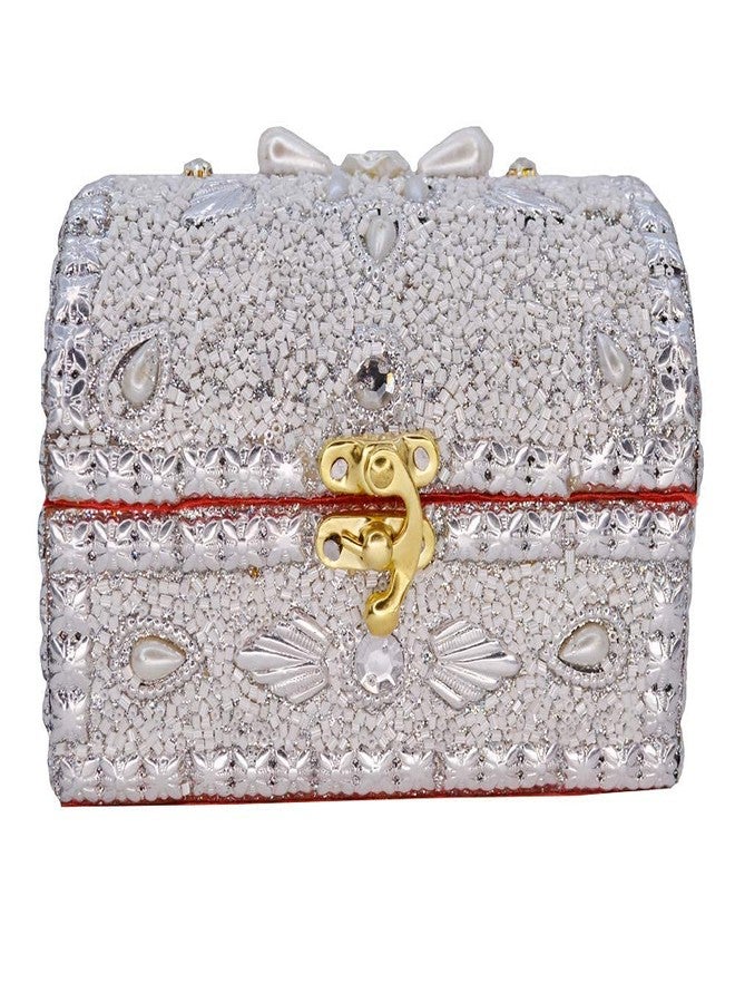 santarms Beads Work Jewellery Craft Box (White) | 10 cm Handmade Wooden Jewelry Box with Lock | Shringar Box for Brides | Wedding Gift for Married Women - Image 1