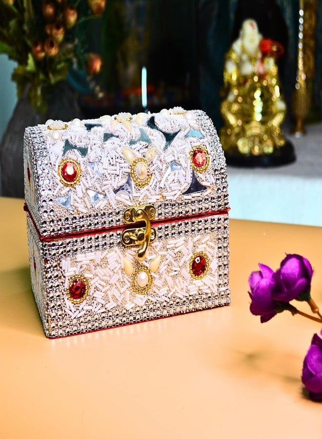 santarms Beads Work Jewellery Craft Box (White) | 10 cm Handmade Wooden Jewelry Box with Lock | Shringar Box for Brides | Wedding Gift for Married Women - Image 5