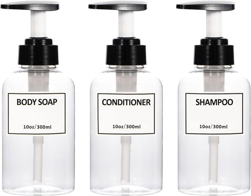 Yeeco Clear Pump Bottle,Yeeco Shampoo Dispenser with Waterproof Labels 10oz/300ml, Shampoo and Conditioner Bottles 3 Packs, Shampoo Bottles Refillable for Bathroom, Kitchen, Hotel