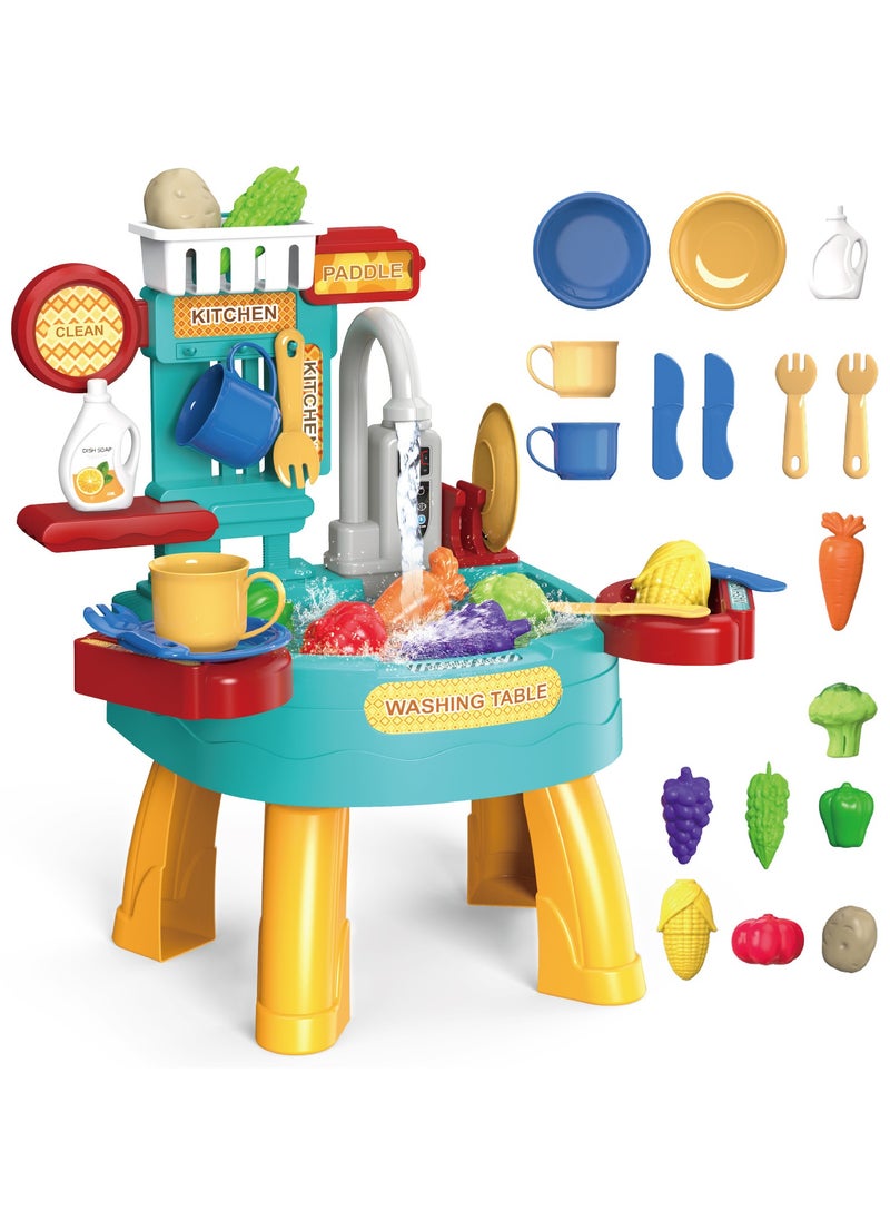 JoyousSto 34 PCS Play Kitchen Water Table, Play Sink with Running Water, Toddler Toy Sink with Electric Faucet, Play Food & Kitchen Accessories, Kids Role Play Indoor Outdoor Water Toys for Boys Girls Gifts  - Image 1