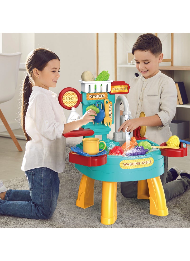 JoyousSto 34 PCS Play Kitchen Water Table, Play Sink with Running Water, Toddler Toy Sink with Electric Faucet, Play Food & Kitchen Accessories, Kids Role Play Indoor Outdoor Water Toys for Boys Girls Gifts  - Image 2