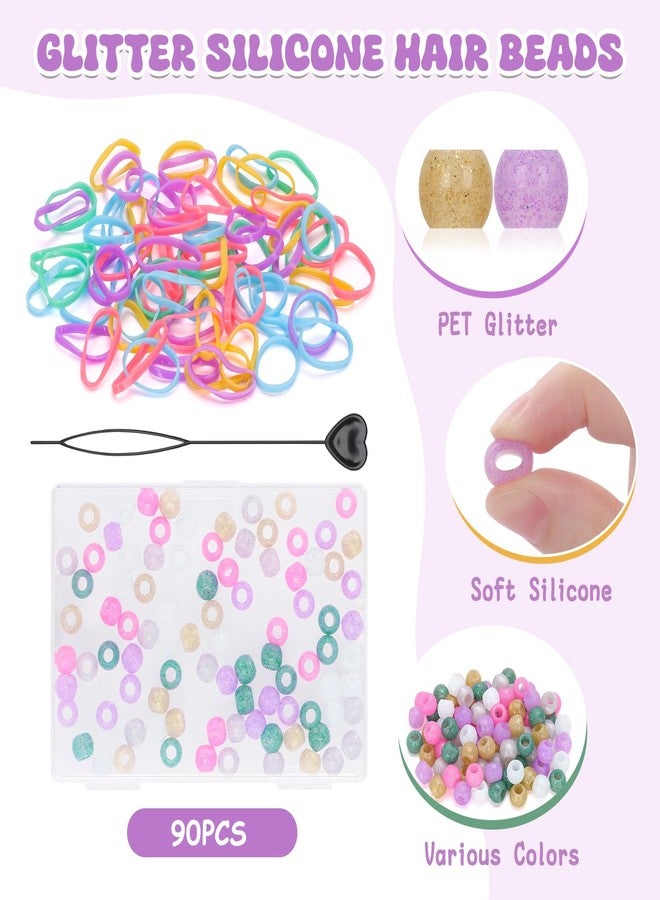 FunisFun Glitter Silicone Hair Beads 90Pcs Soft Shimmery Pony Beads for Braids 6 Colors Hair Accessories for Kids Girls Parties Daily Hairstyles(Small-90P) - Image 3