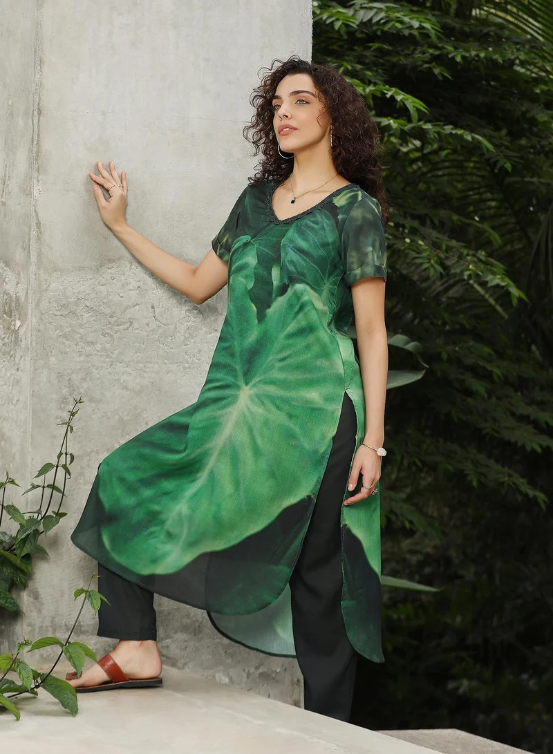QISSA  Women's Forest Green Chantilly Bloom Kurta Set for Women | Best Price UAE