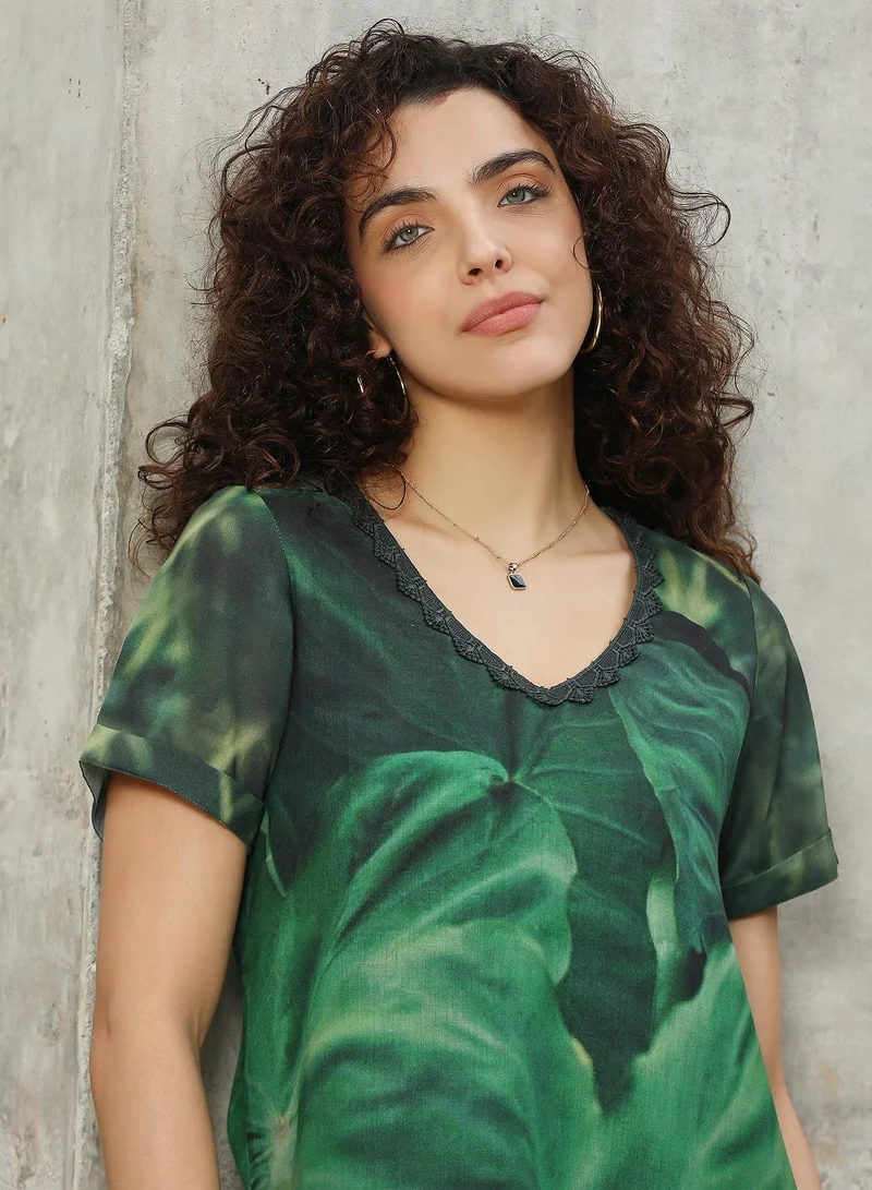 QISSA  Women's Forest Green Chantilly Bloom Kurta Set for Women | Best Price UAE