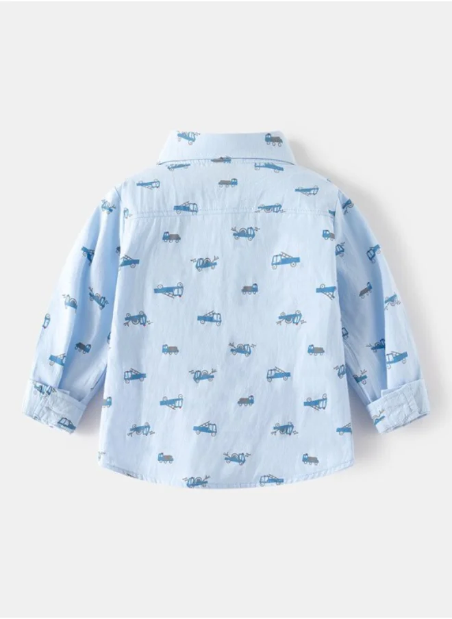 يونيكي Blue Collared Long Sleeve Printed Shirt