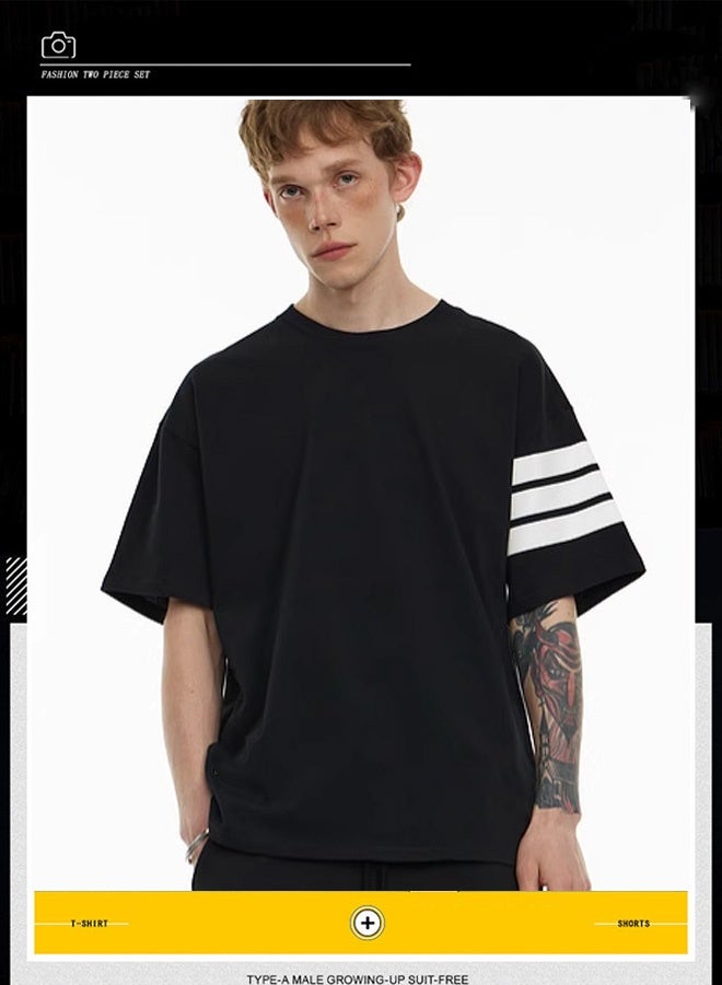Men's fashionable hawaiian knit striped casual summer suit - Men's summer two-piece set - Shorts + T-shirt - Sporty casual suit  - Image 2