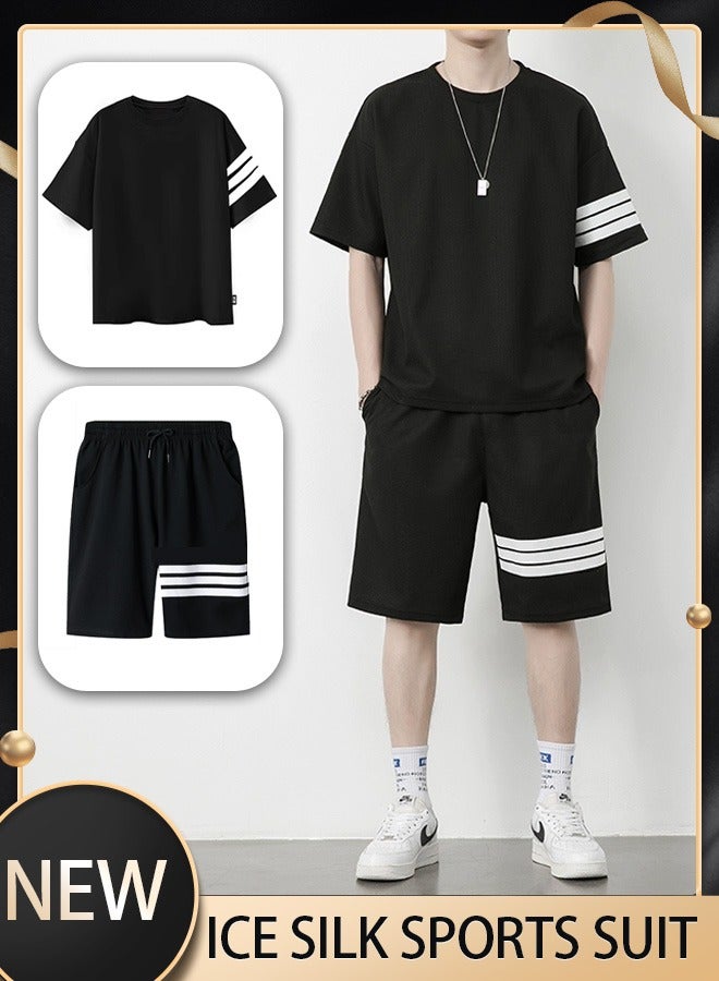 Men's fashionable hawaiian knit striped casual summer suit - Men's summer two-piece set - Shorts + T-shirt - Sporty casual suit  - Image 1