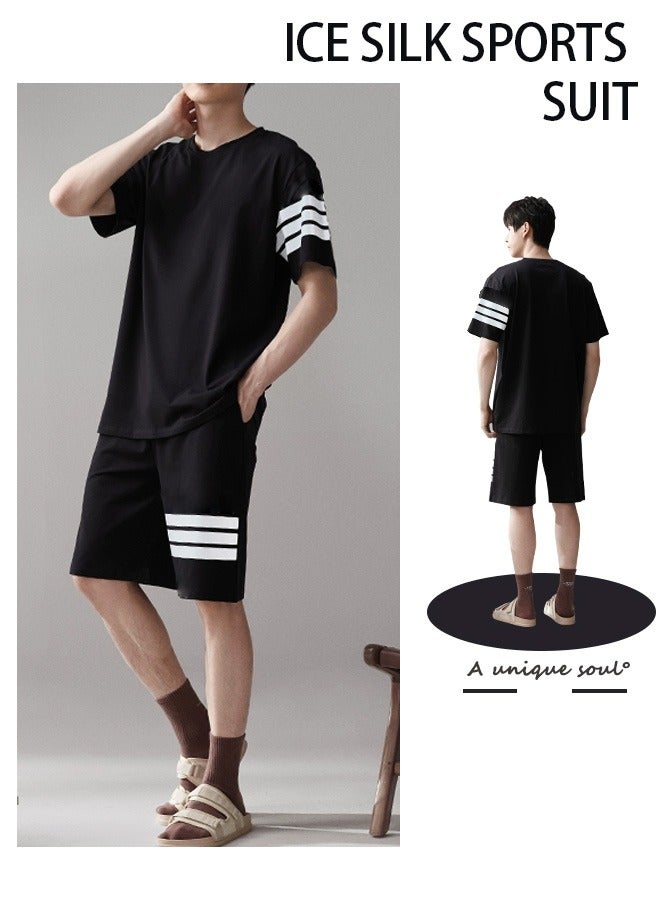 Men's fashionable hawaiian knit striped casual summer suit - Men's summer two-piece set - Shorts + T-shirt - Sporty casual suit  - Image 3