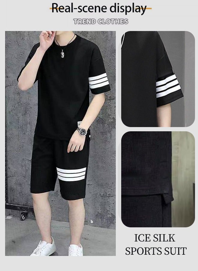 Men's fashionable hawaiian knit striped casual summer suit - Men's summer two-piece set - Shorts + T-shirt - Sporty casual suit  - Image 4