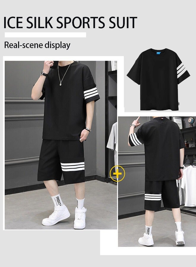 Men's fashionable hawaiian knit striped casual summer suit - Men's summer two-piece set - Shorts + T-shirt - Sporty casual suit  - Image 5