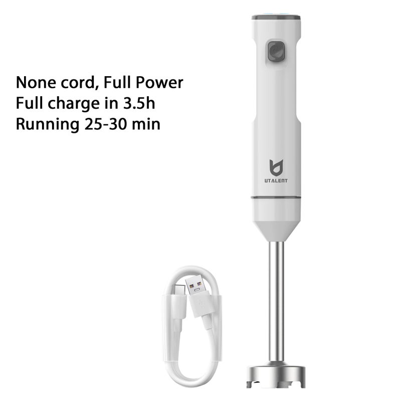 UTALENT Cordless Hand Blender, UTALENT Variable Speed Immersion Blender Rechargeable, with 500ml Chopper, 600ml container, Egg Whisk, for Smoothies, Baby Food and Soups â€“ White - Image 2