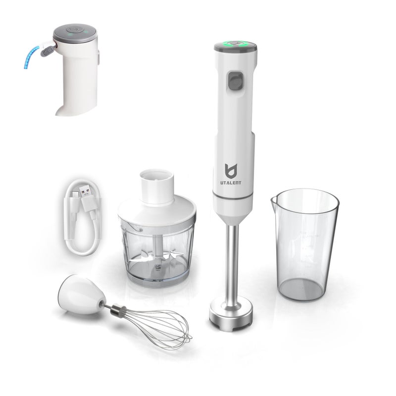 UTALENT Cordless Hand Blender, UTALENT Variable Speed Immersion Blender Rechargeable, with 500ml Chopper, 600ml container, Egg Whisk, for Smoothies, Baby Food and Soups â€“ White - Image 1