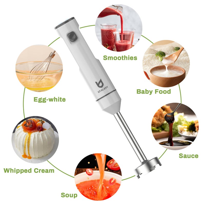 UTALENT Cordless Hand Blender, UTALENT Variable Speed Immersion Blender Rechargeable, with 500ml Chopper, 600ml container, Egg Whisk, for Smoothies, Baby Food and Soups â€“ White - Image 4