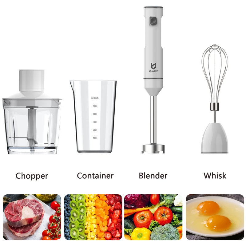 UTALENT Cordless Hand Blender, UTALENT Variable Speed Immersion Blender Rechargeable, with 500ml Chopper, 600ml container, Egg Whisk, for Smoothies, Baby Food and Soups â€“ White - Image 3
