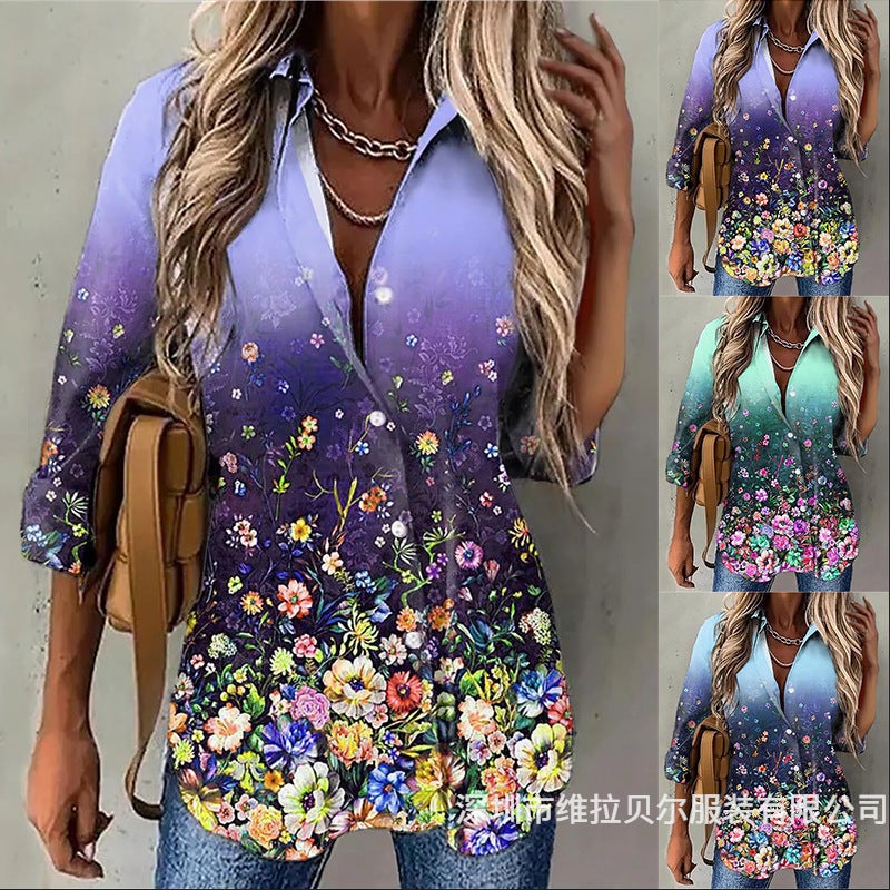 بلوزة نسائية واسعة بطبعة زهور بأكمام طويلة - Image 1