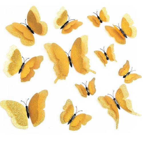 DAGOU 3D Butterfly Wall Decor 24 Pcs 3 Sizes Gold Butterfly Decorations for Home Party Removable Stickers - Image 1