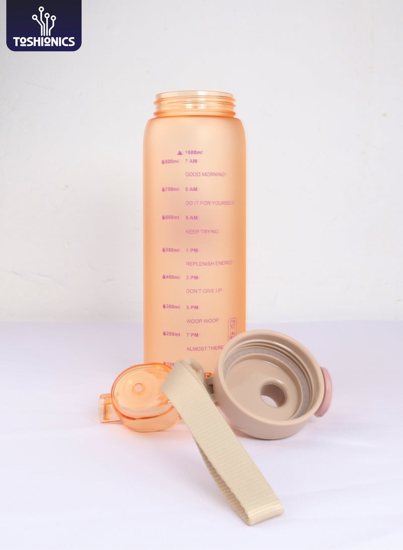 Toshionics زجاجة مياه تحفيزية ياوي بيست هايدرو 1000 مل خالية من BPA بلاستيك مانعة للتسرب مع علامة زمنية وحزام حمل، غطاء قابل للطي، زجاجة مياه رياضية غير سامة قابلة لإعادة الاستخدام للمدرسة، الصالة الرياضية، المكتب، الهواء الطلق، السفر، تتبع الترطيب للأطفال والبالغين - Image 1