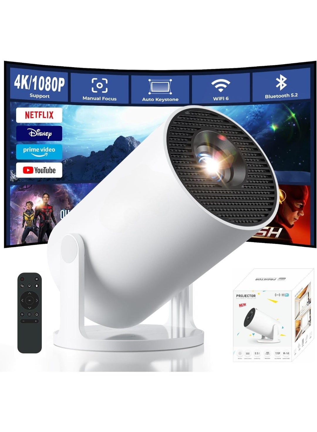 New Upgraded HY300 Pro+ Mini Projector with WiFi and Bluetooth Built in Apps, Smart Portable Projector with 180° Rotation, Auto Keystone, Support 4K, Compatible with HDMI/USB/TV Stick/phone/Laptop