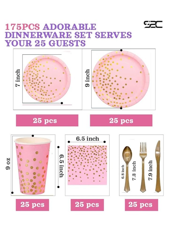S2C S2C 175 Pcs Serves 25 Heavy Duty Pink Gold Disposable Party Supplies With Paper Party Plates, Napkins, Cups, Spoons, Forks For Wedding, Birthday, Anniversary, Graduation Dinnerware Set (PINK GOLD)  - Image 3