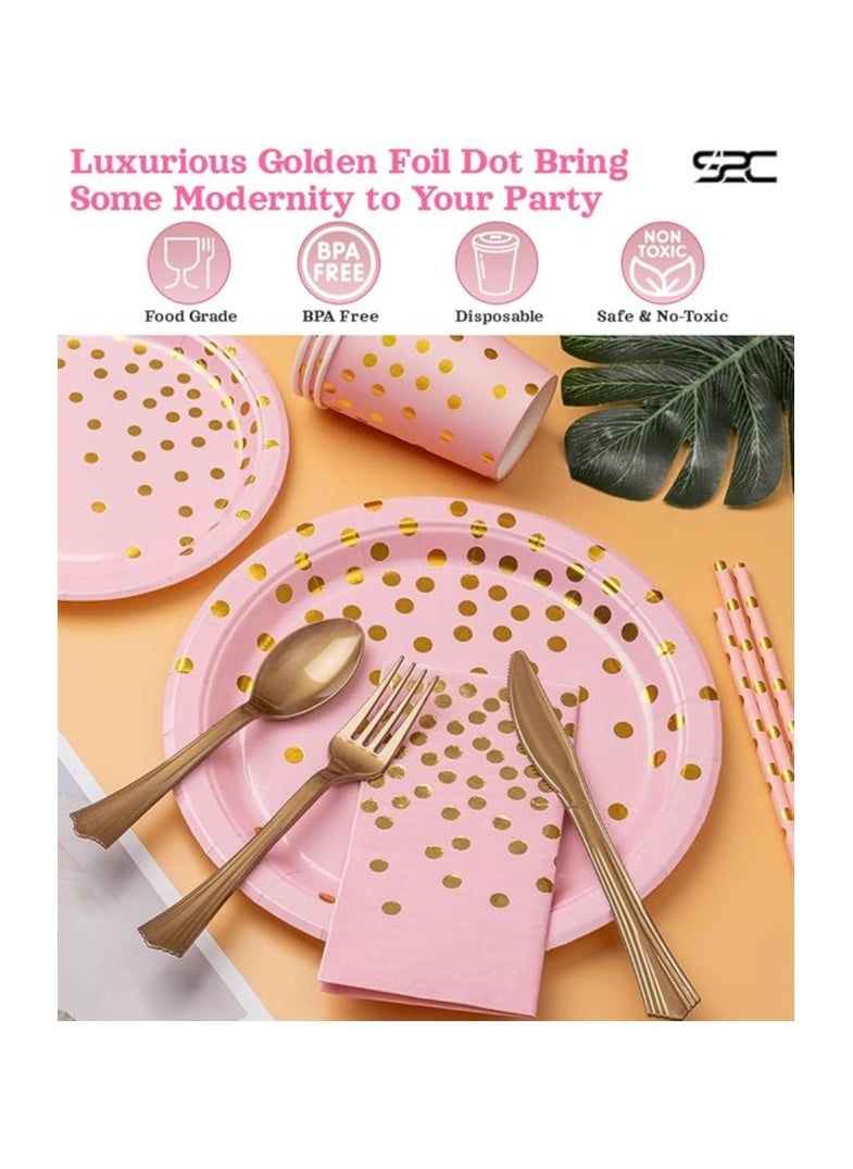 S2C S2C 175 Pcs Serves 25 Heavy Duty Pink Gold Disposable Party Supplies With Paper Party Plates, Napkins, Cups, Spoons, Forks For Wedding, Birthday, Anniversary, Graduation Dinnerware Set (PINK GOLD)  - Image 2