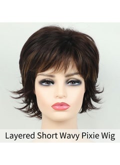 RENERSHOW RENERSHOW Brown with Blonde Highlights Wavy Short Pixie Wigs for White Women Natural Looking Synthetic Wig with Bangs Layered Short Haircuts for Daily Party  - Image 2