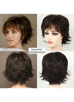 RENERSHOW RENERSHOW Brown with Blonde Highlights Wavy Short Pixie Wigs for White Women Natural Looking Synthetic Wig with Bangs Layered Short Haircuts for Daily Party  - Image 4