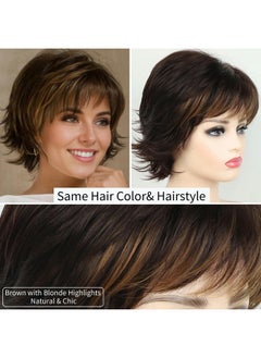 RENERSHOW RENERSHOW Brown with Blonde Highlights Wavy Short Pixie Wigs for White Women Natural Looking Synthetic Wig with Bangs Layered Short Haircuts for Daily Party  - Image 3