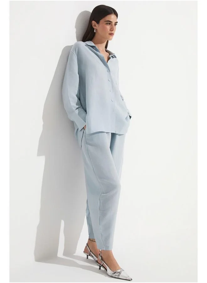 جون June Women Linen Blend Shirt Trouser Set Baby Blue