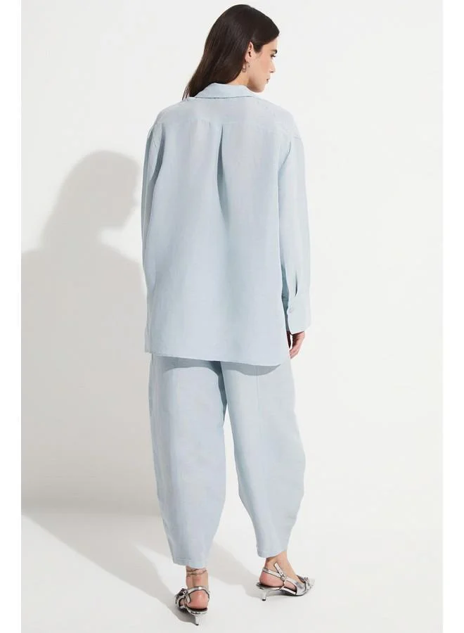 جون June Women Linen Blend Shirt Trouser Set Baby Blue