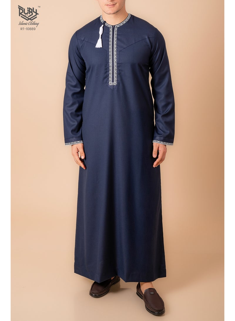 RUBY ISLAMIC CLOTHING Navy blue Omani/Emirati Dishdasha – Men's Omani/Emirati Style Thobe Kandura Classic - Full-Length Long Sleeve Islamic Jubbah - Image 1